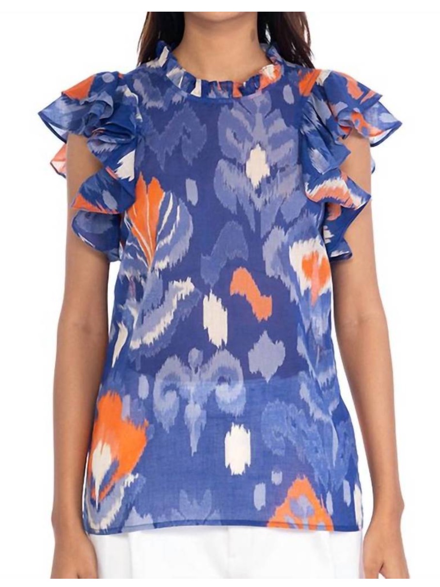 Nwt Banjanan Blue Orange Klara Ruffle Sleeveless Top Ikat Floral Soladite Sz Xs